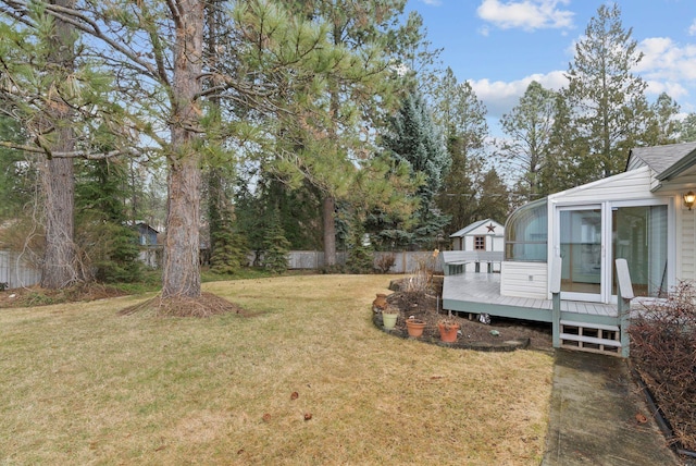 view of yard featuring a deck and fence