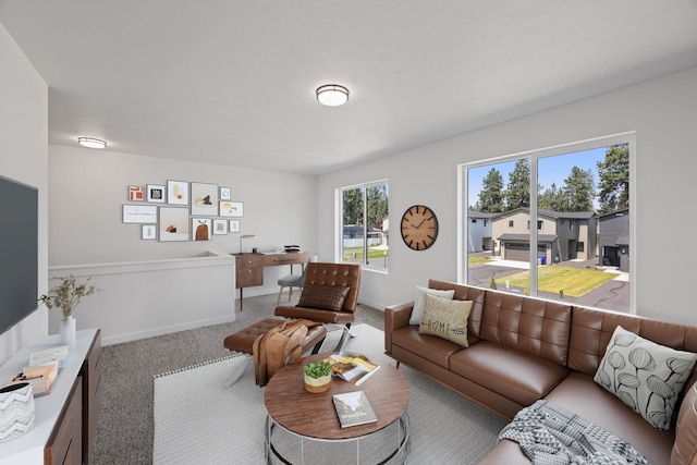 living area with baseboards and carpet