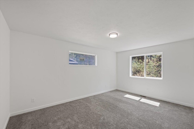 carpeted spare room with baseboards and a textured ceiling