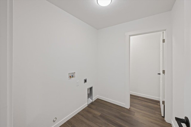 laundry area with dark wood finished floors, hookup for an electric dryer, baseboards, and washer hookup