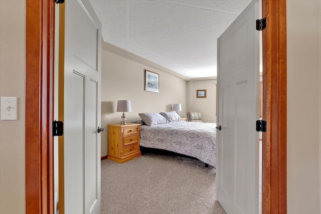 carpeted bedroom with a textured ceiling