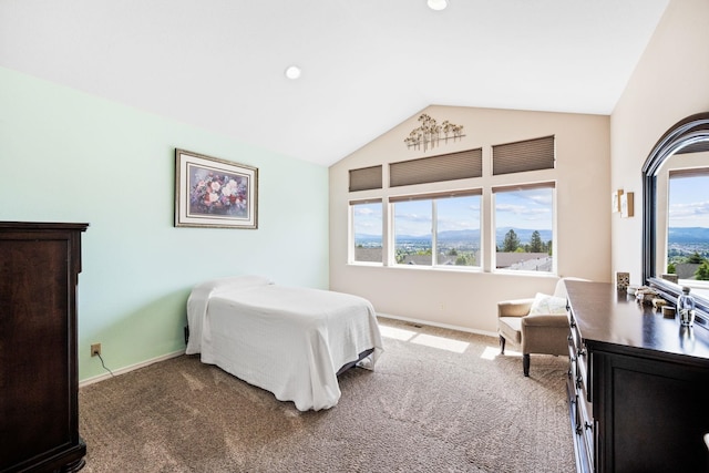 bedroom featuring vaulted ceiling, multiple windows, and carpet floors