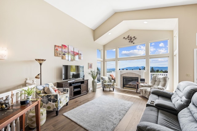 living area with a fireplace with flush hearth, wood finished floors, and high vaulted ceiling