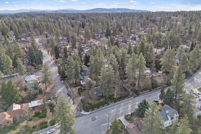 drone / aerial view featuring a forest view and a mountain view