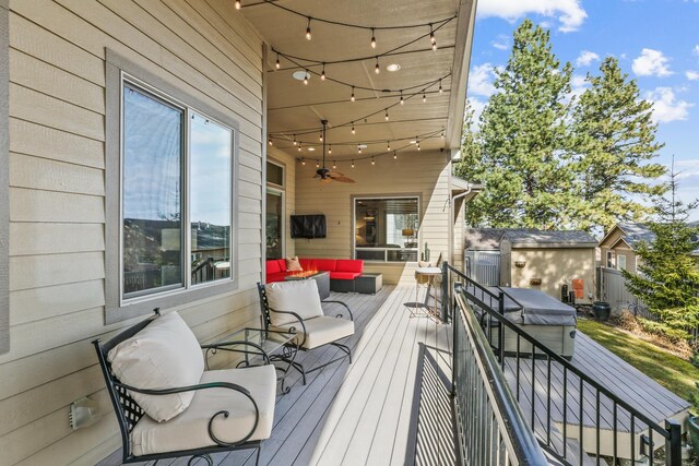 13106B E Copper River Ln, Spokane, WA 99206 - wooden deck with outdoor lounge area and ceiling fan