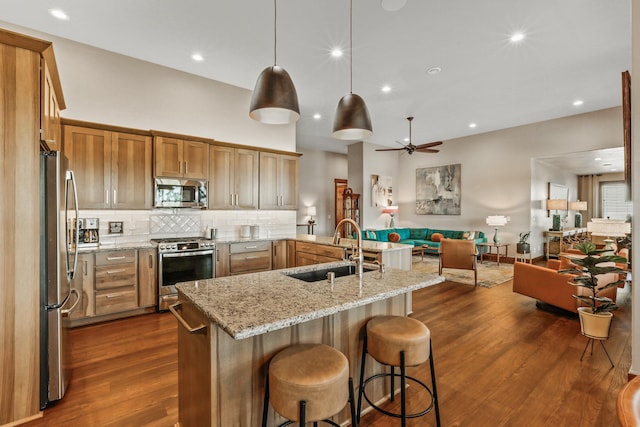 kitchen featuring tasteful backsplash, dark wood finished floors, open floor plan, appliances with stainless steel finishes, and a sink