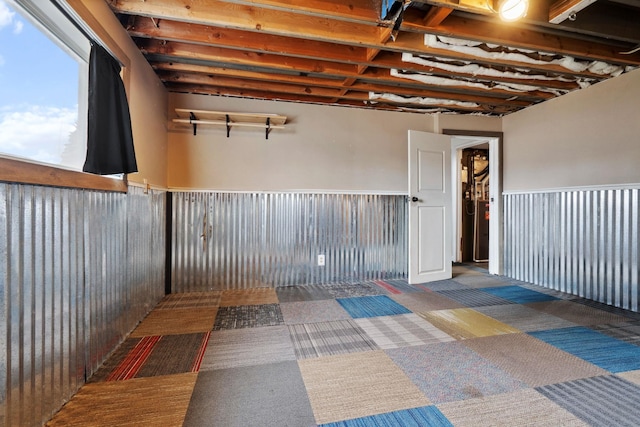 below grade area featuring a wainscoted wall and carpet