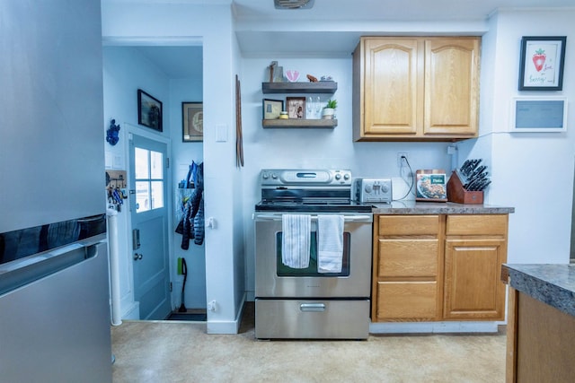 kitchen featuring a toaster, open shelves, electric stove, and dark countertops