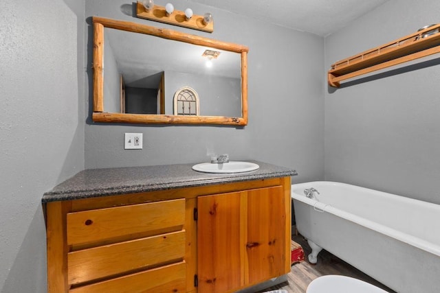 bathroom featuring a soaking tub, wood finished floors, and vanity