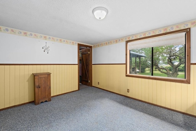 carpeted spare room with wainscoting and a textured ceiling