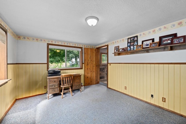 office area featuring carpet flooring, wood walls, a textured ceiling, and a wainscoted wall