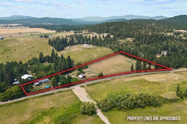 birds eye view of property with a view of trees and a mountain view