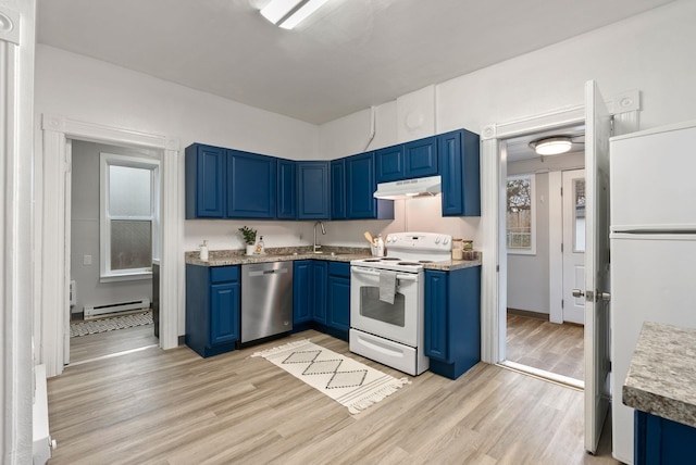 kitchen with white appliances, a baseboard radiator, a sink, under cabinet range hood, and blue cabinets