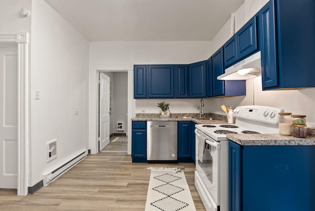 kitchen featuring blue cabinetry, a baseboard heating unit, under cabinet range hood, electric range, and stainless steel dishwasher