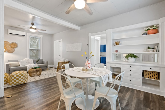 dining space with dark wood-style flooring, ceiling fan, and a wall unit AC