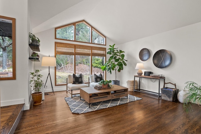 living area featuring a wealth of natural light, vaulted ceiling, baseboards, and wood finished floors