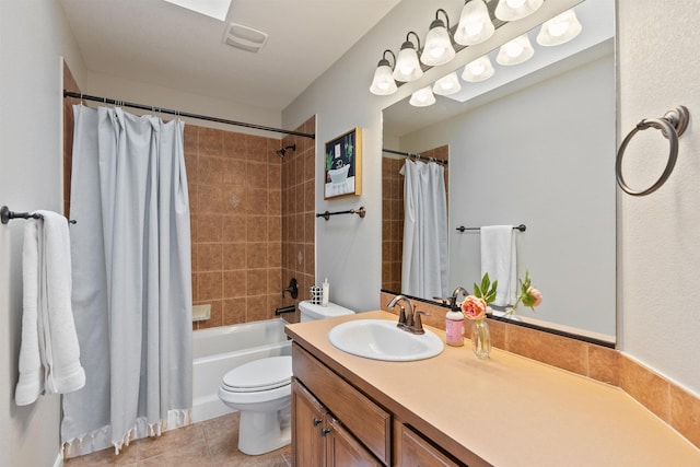 full bath with tile patterned flooring, shower / bathtub combination with curtain, toilet, and vanity