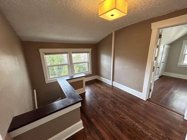 interior space featuring baseboards, a textured ceiling, vaulted ceiling, and hardwood / wood-style flooring