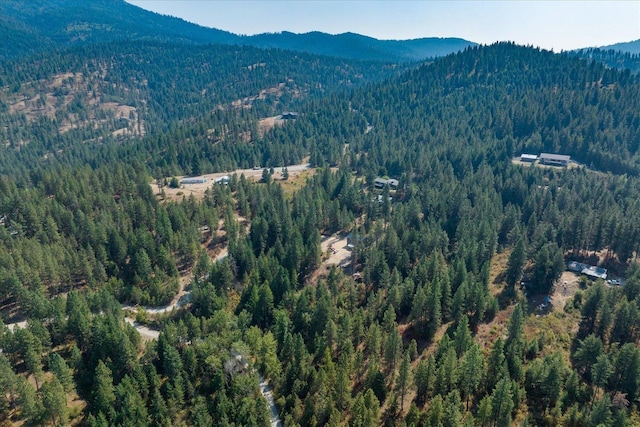 drone / aerial view featuring a mountain view and a wooded view