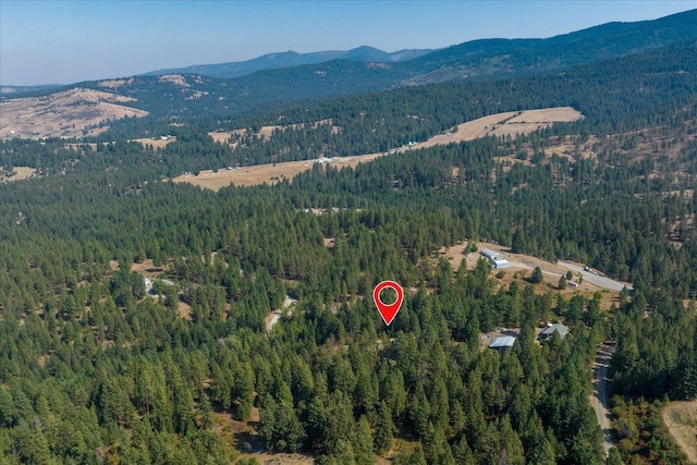 aerial view featuring a view of trees and a mountain view