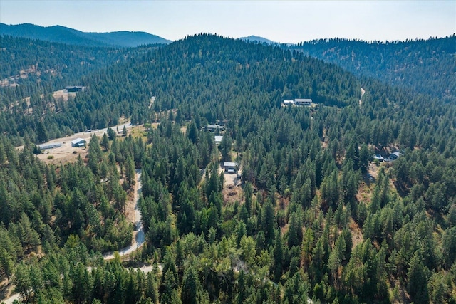 aerial view with a mountain view and a wooded view