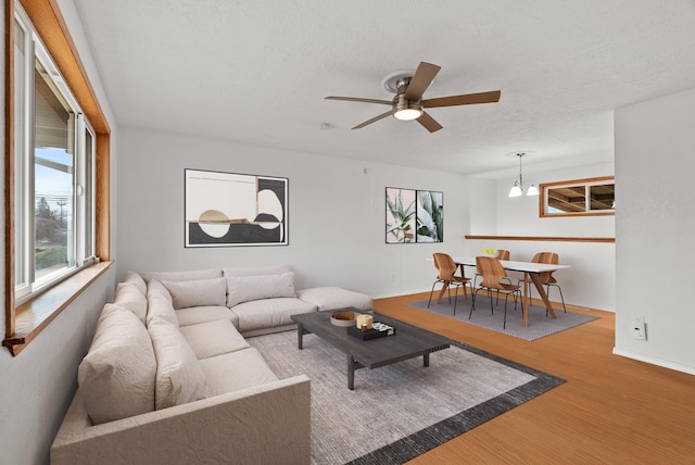 living room with ceiling fan with notable chandelier, wood finished floors, baseboards, and a textured ceiling