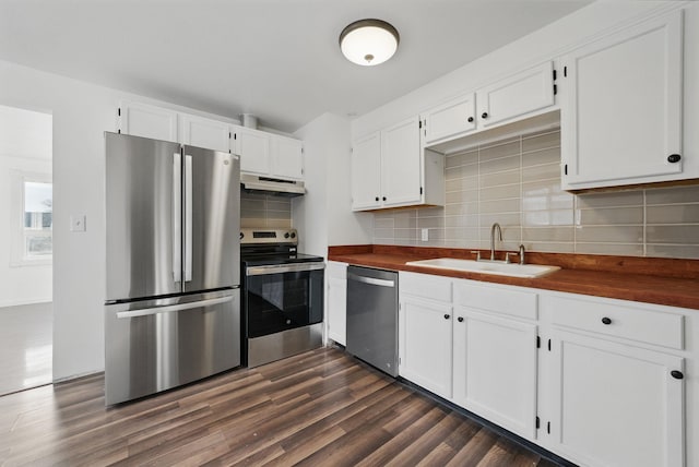 kitchen with under cabinet range hood, appliances with stainless steel finishes, white cabinetry, and a sink