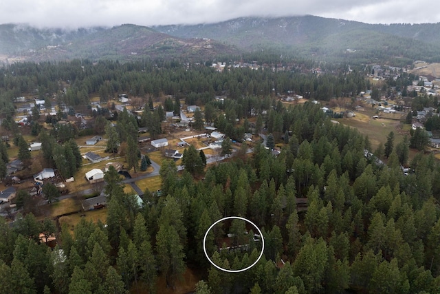 birds eye view of property with a view of trees and a mountain view