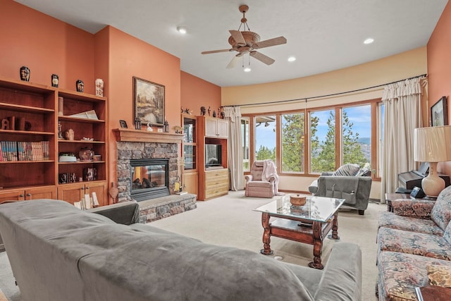 carpeted living area with recessed lighting, a fireplace, and ceiling fan