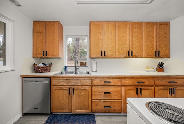 kitchen with visible vents, light countertops, stainless steel dishwasher, white electric range, and a sink