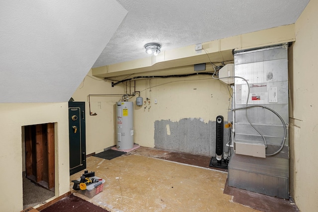 interior space with a textured ceiling and water heater