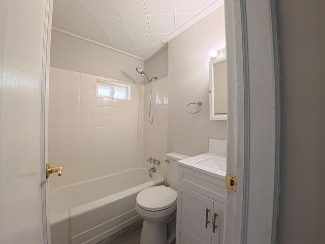 full bathroom with toilet, vanity, and bathing tub / shower combination