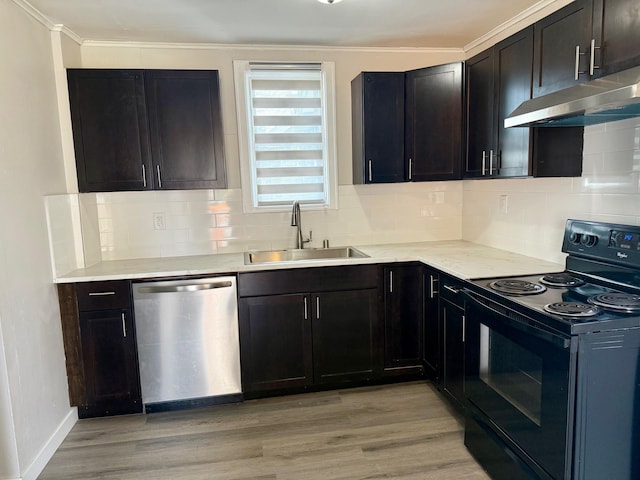 kitchen with light wood-style flooring, a sink, under cabinet range hood, dishwasher, and black electric range oven