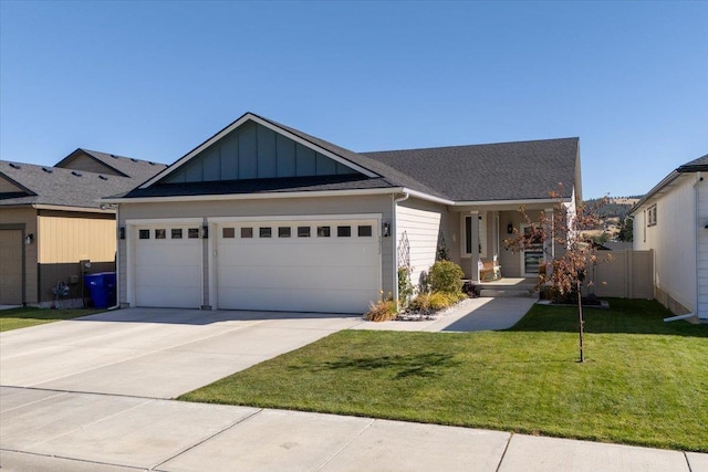 single story home with fence, driveway, a front lawn, a garage, and board and batten siding