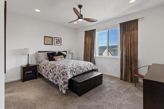 bedroom with recessed lighting, baseboards, carpet floors, and ceiling fan