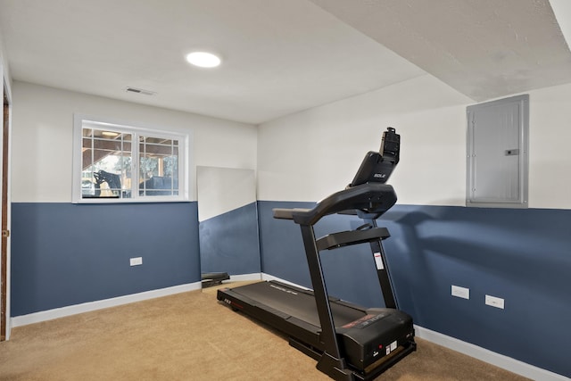 exercise area with electric panel, visible vents, baseboards, and carpet