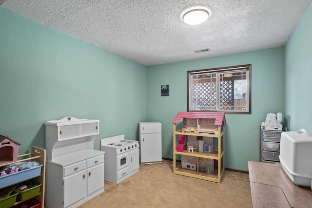 game room featuring light carpet, visible vents, a textured ceiling, and baseboards