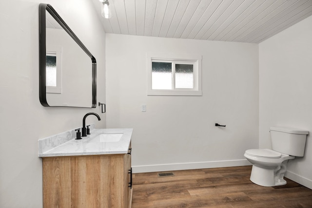 6712 C Highway 291, Nine Mile Falls, WA 99026 - bathroom featuring vanity, toilet, wood finished floors, baseboards, and wood ceiling