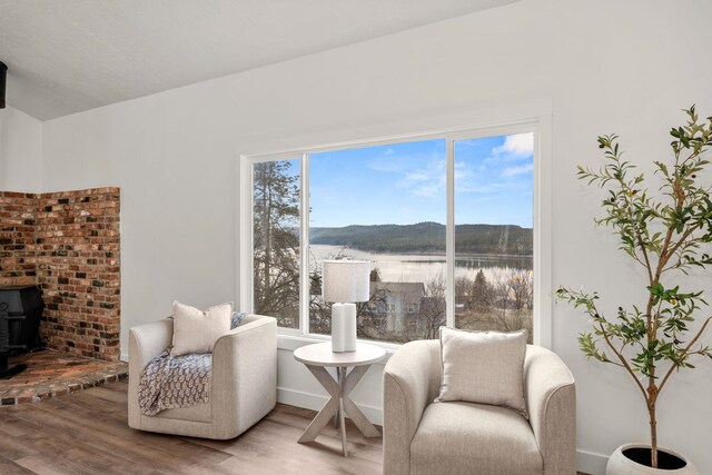 6712 C Highway 291, Nine Mile Falls, WA 99026 - living area with wood finished floors, a water view, a wood stove, and baseboards