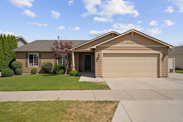 ranch-style house with a front lawn, an attached garage, driveway, and roof with shingles