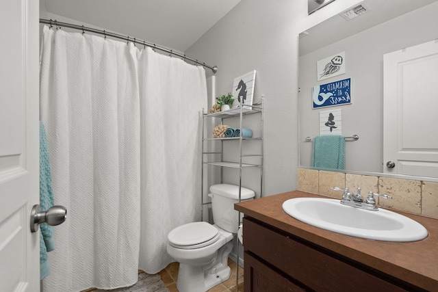 full bathroom with visible vents, toilet, tile patterned flooring, decorative backsplash, and vanity