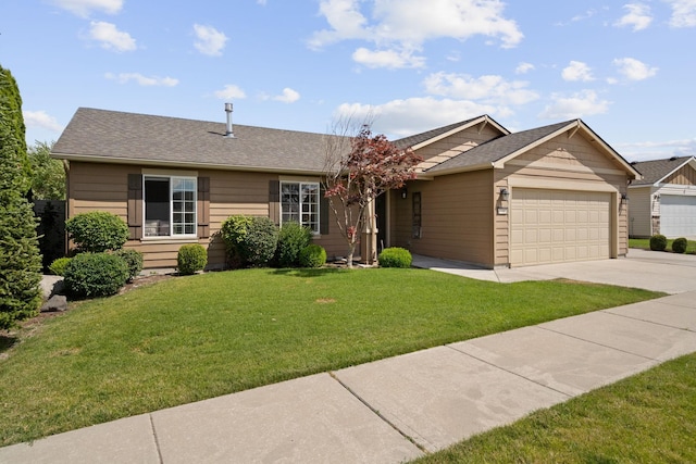 ranch-style house with a garage, driveway, a front yard, and a shingled roof