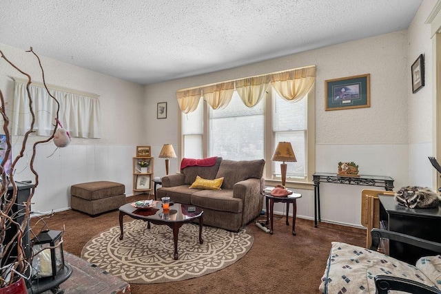 carpeted living area with a textured ceiling