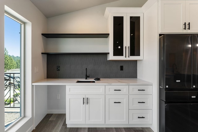 806 W Bolan Ave, Spokane, WA 99224 - kitchen with freestanding refrigerator, open shelves, tasteful backsplash, a sink, and white cabinetry