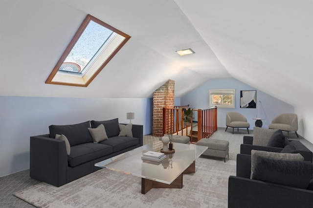 living area with a skylight, vaulted ceiling, and light colored carpet