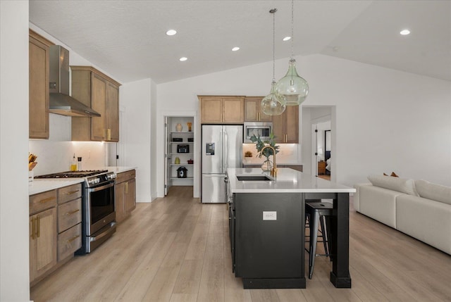 kitchen featuring stainless steel appliances, a sink, light wood-type flooring, lofted ceiling, and wall chimney range hood