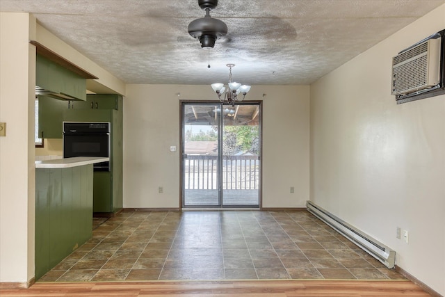 6208 N Wiscomb St, Spokane, WA 99208 - unfurnished dining area with baseboard heating, a chandelier, stone finish floors, and a wall mounted air conditioner