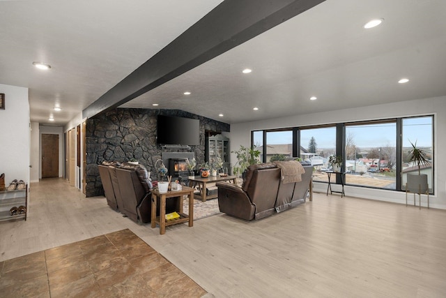 313 SE Trinity Ave, Wilbur, WA 99185 - living area featuring a fireplace, wood finished floors, and recessed lighting