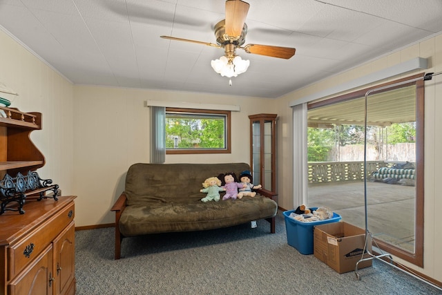 1804 S Blake Rd, Spokane Valley, WA 99216 - living area with ornamental molding, a ceiling fan, and carpet flooring
