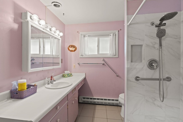 1804 S Blake Rd, Spokane Valley, WA 99216 - bathroom featuring vanity, plenty of natural light, a baseboard heating unit, and tiled shower
